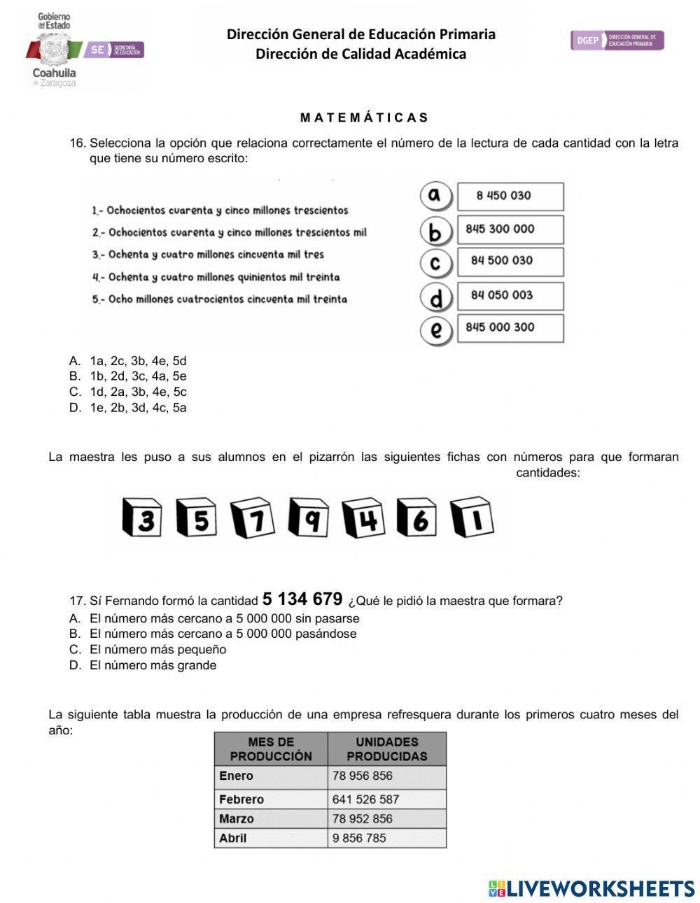 Examen Matematicas interactive exercise for Sexto